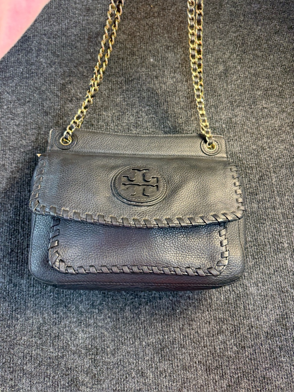 Tory Burch Black Leather Whipstitch Chain Crossbody